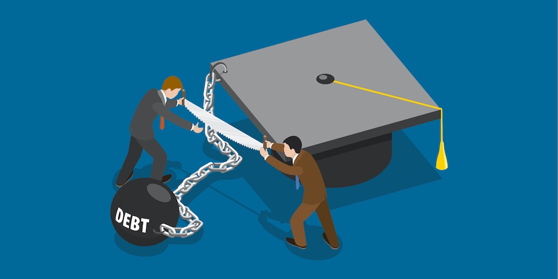 Students using saw to cut chain connected between debt and graduation hat.