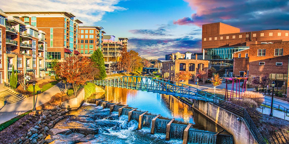 Reedy River and Skyline in downtown Greenville, South Carolina.