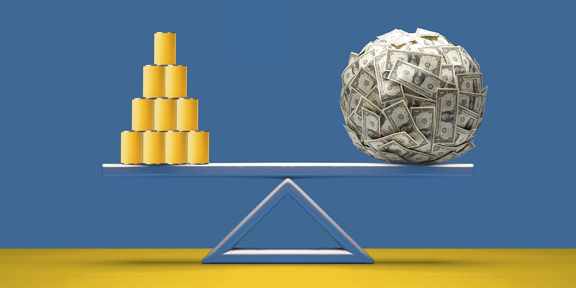 A scale with a stack of cans on one side and a ball of dollars on the other.