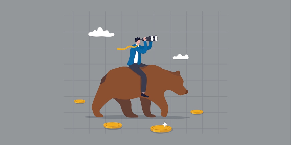 Illustration of person riding a bear and looking through binoculars.