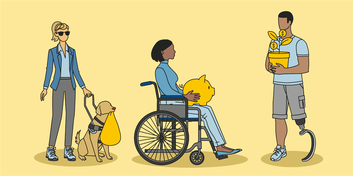 Illustration of 3 differently abled people holding items representing personal finance.