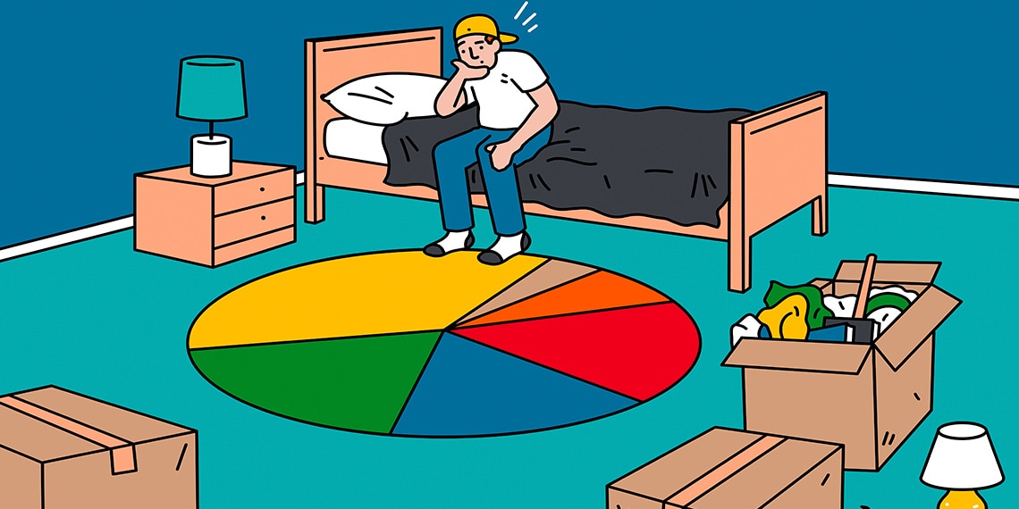 A person in their childhood bedroom with a pie chart on the floor.