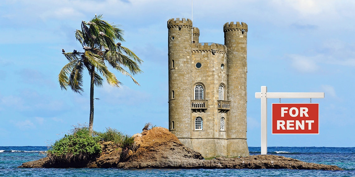 A castle on an island with a for rent sign