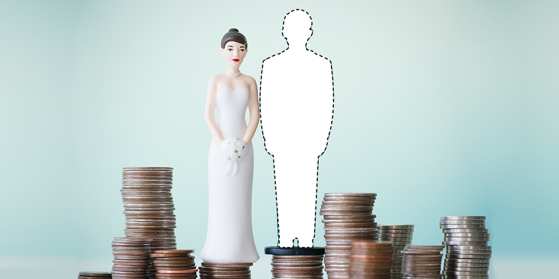 An image of stacks of coins with a bride and a cut out shape of a groom