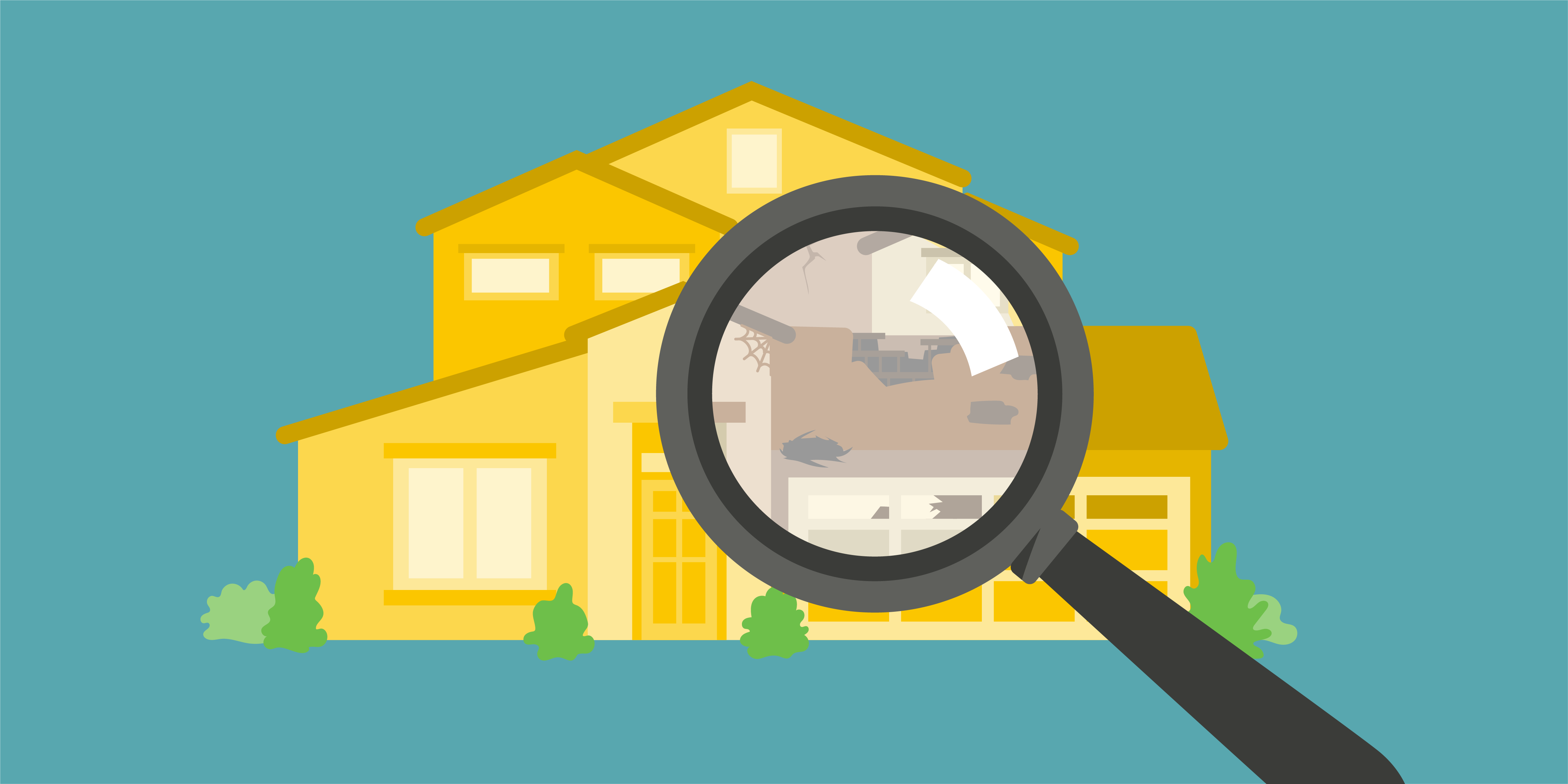 Illustration of magnifying glass revealing problems in a home.