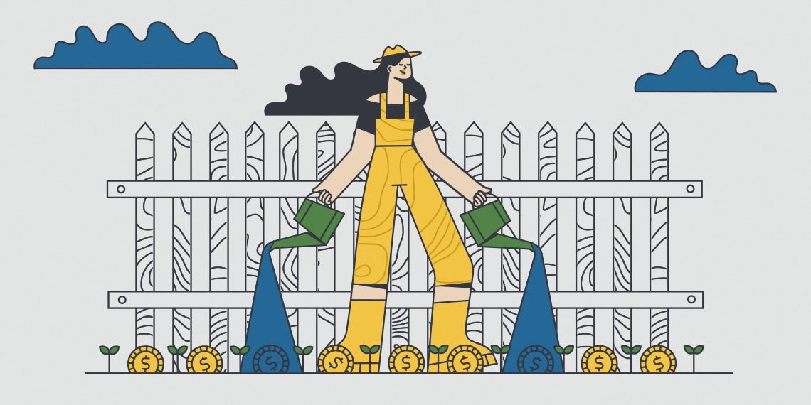 Illustration of Woman watering coins in a garden.