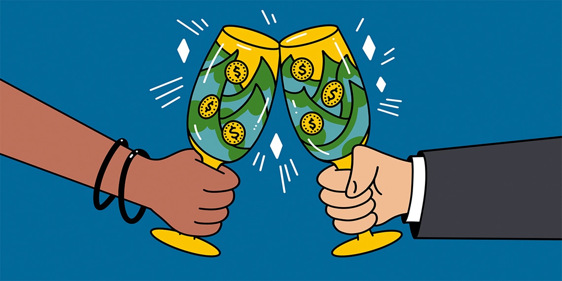 An illustration of a closeup of two hands clinking glasses. Inside the champagne flutes the liquid is made up of bills and gold coins.