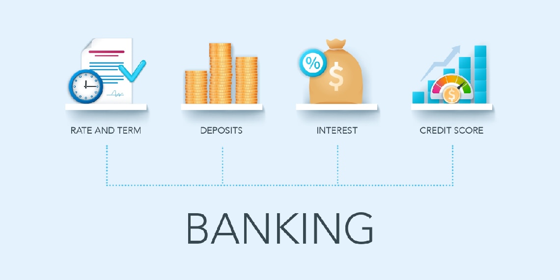 Four illustrated icons representing four terms used in banking.