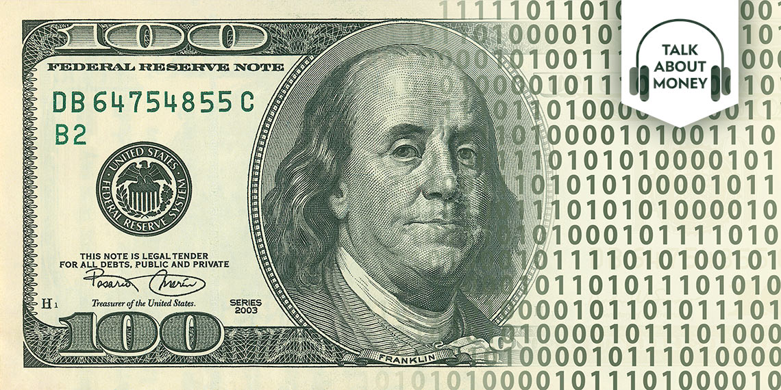 A hundred dollar bill dissolving into binary code