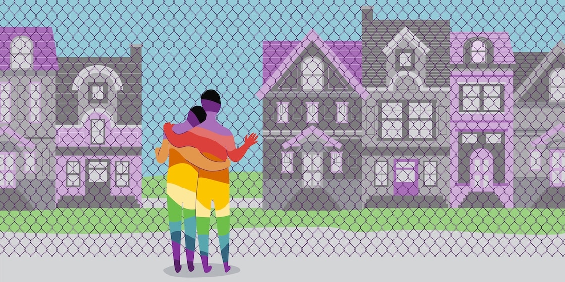 Rainbow colored couple looking at houses from the other side of a fence.