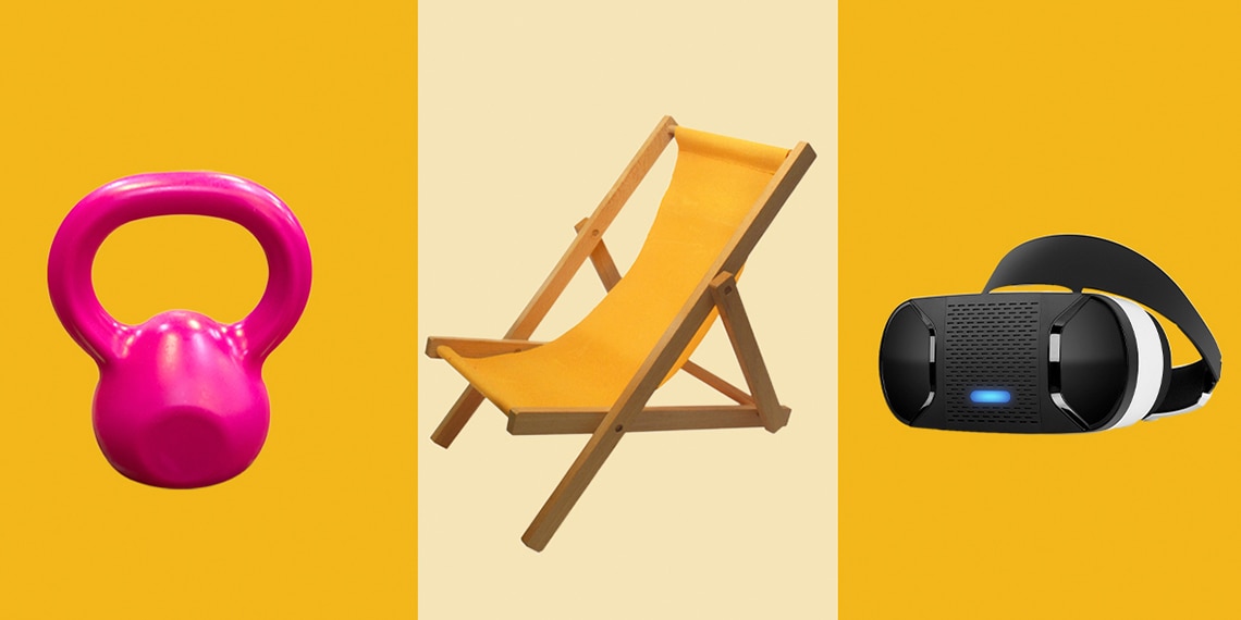 Three products in a row: weight, beach chair, AR headset.