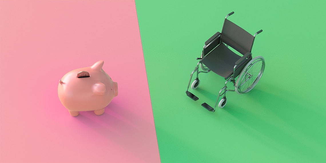 A piggy bank and a wheelchair