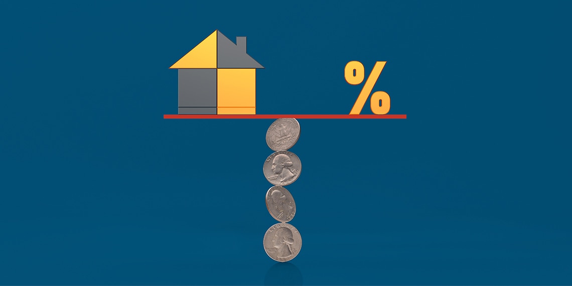 An animation of a house and a percentage symbol balancing on a vertical stack of standing quarters.