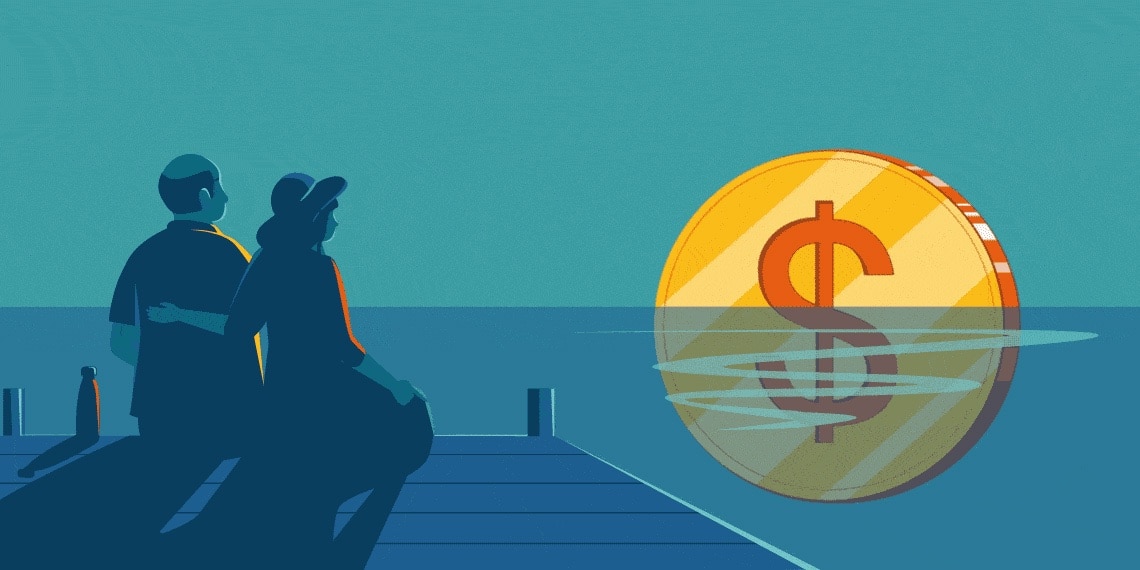 Illustration of couple watching a coin sunset across the ocean.