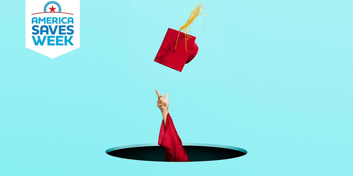 A graduate in a hole reaching for a mortarboard