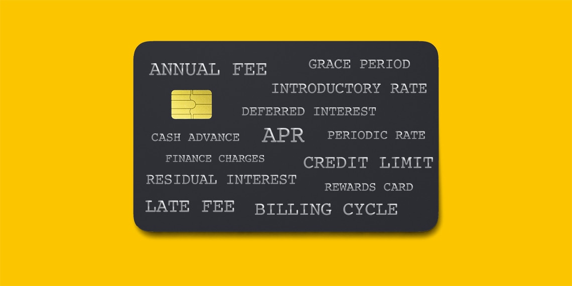 Credit card labeled with different terms related to credit cards.