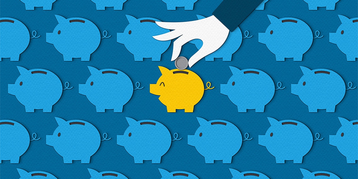 An illustration showing rows of blue piggy banks—in the middle there is one yellow highlighted piggy bank where a hand can be seen dropping in a coin.