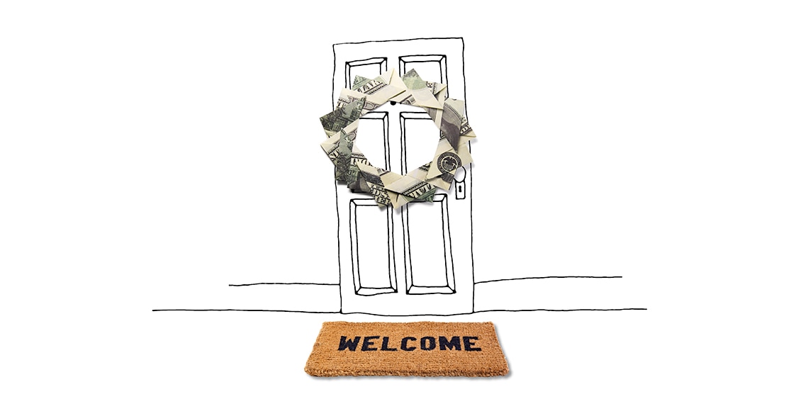 Hand drawn door with a wreath made out of dollar bills and a welcome mat.